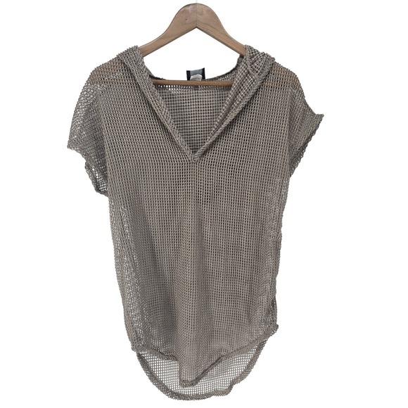 ELIF For Jordan Taylor Womens XS Tan Crochet Knit Hooded Swim Cover Up Top - Picture 1 of 4